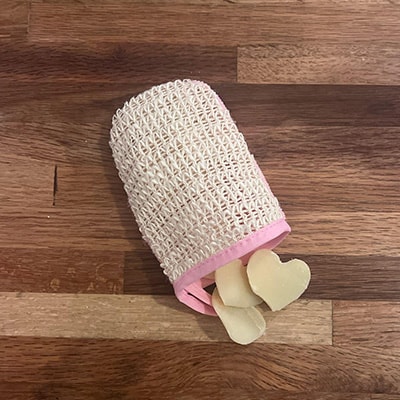 Double-sided Scrubbie with Soap Pocket and Heart-shaped soap ends